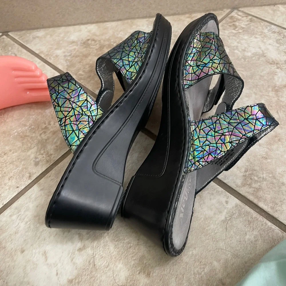 Alegria by PG Lite Womens Holographic Leather Wedge Sandals Black 42 USA 11.5-12
